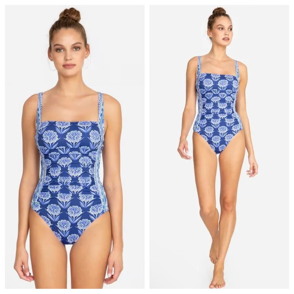 Johnny Was Yao Bandeau One Piece Swimsuit Floral Blue Print